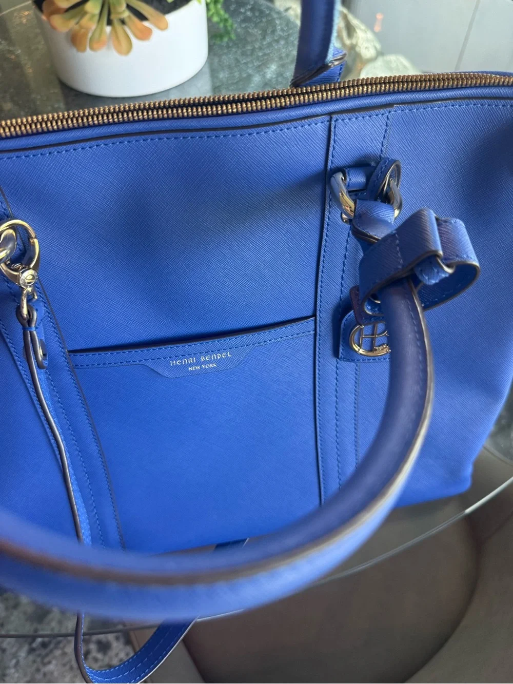 henri bendel cobalt blue leather tote satchel
